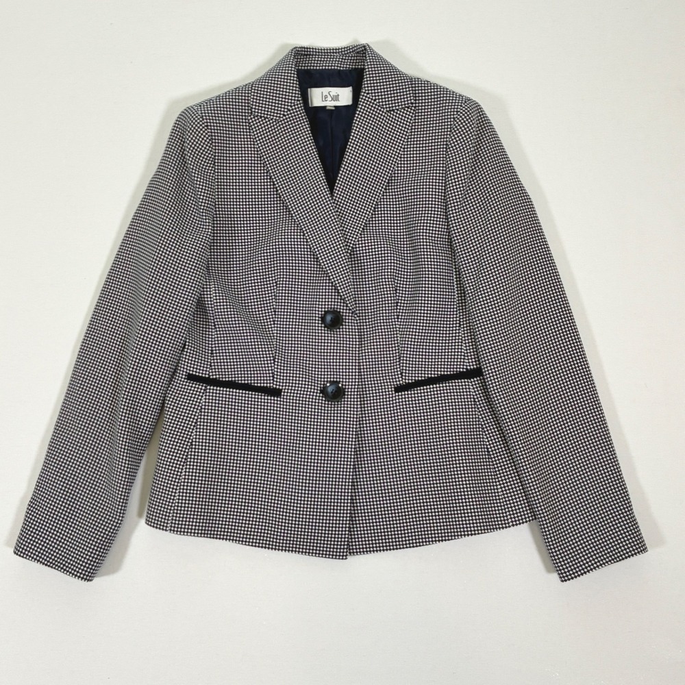 Le Suit Womens Navy Blue White Houndstooth Two Button Blazer Jacket Size 6